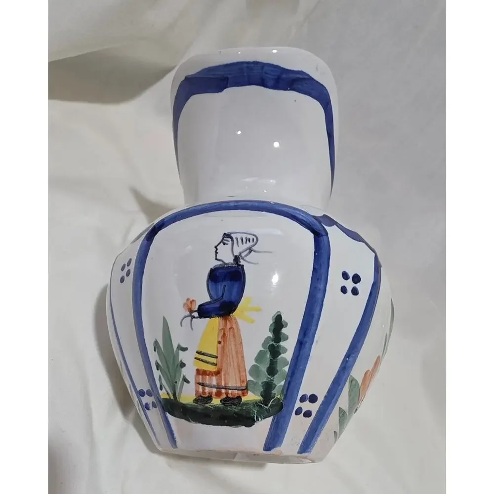 Vintage Hand Painted Quimper France Faience Cream Pitcher #222 Breton Woman flor